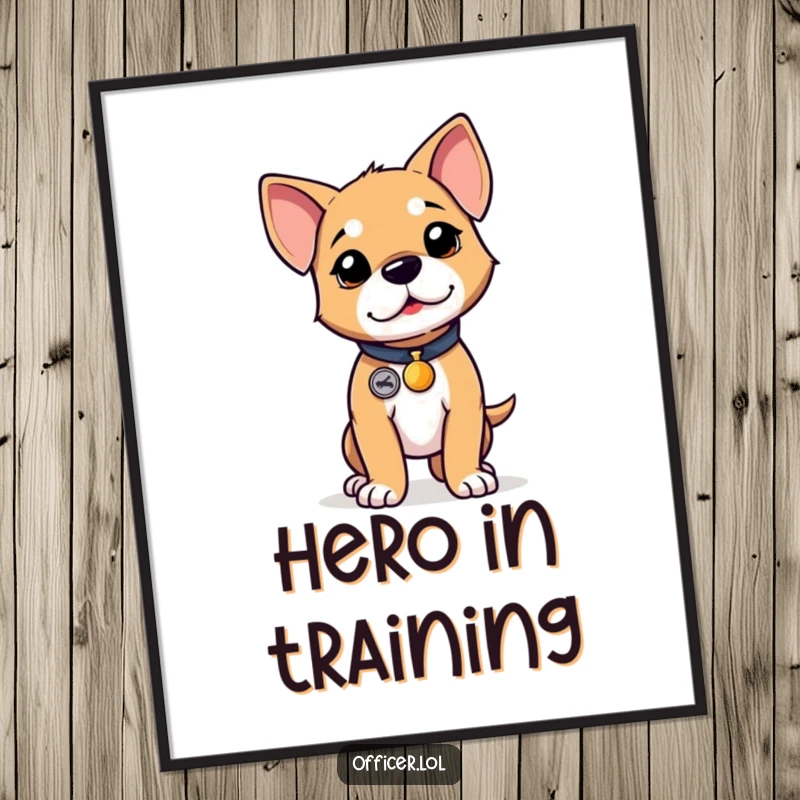 Funny puppy poster, determined and proud dog wearing a tiny badge, standing tall in a heroic stance.