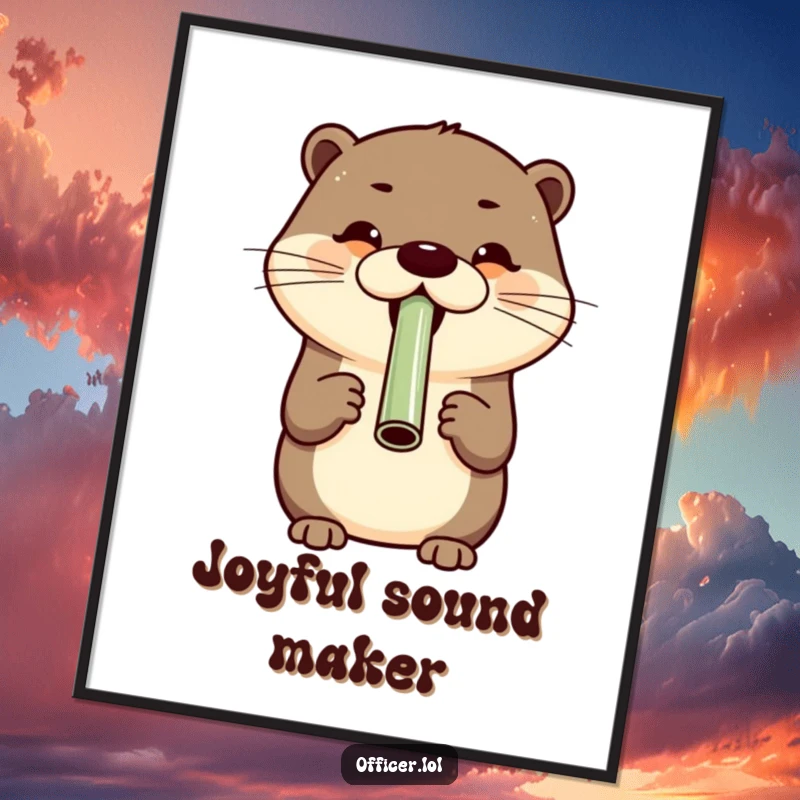 Cheerful otter blowing a whistle with a wide grin, whimsical poster art for cheerful homes and offices.