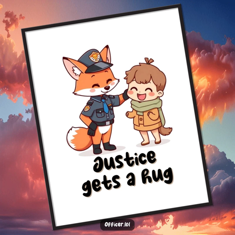 Funny Fox Officer Poster displaying a friendly fox law enforcer giving a gentle pat on the back to a small, delighted citizen, a scene of encouragement.