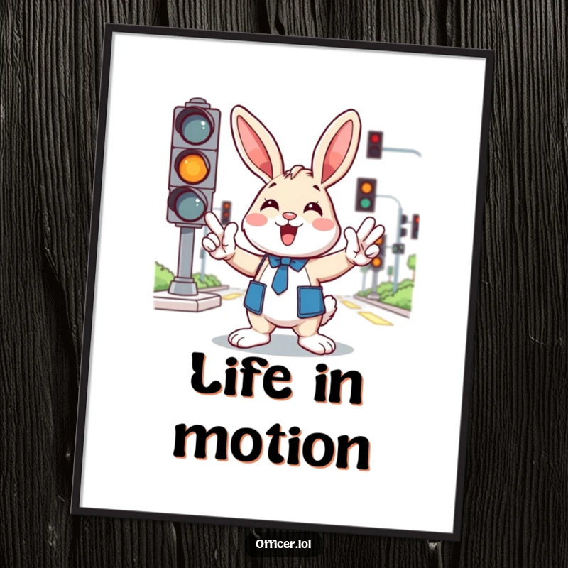 Funny poster of a cheerful cartoon bunny directing traffic with enthusiastic paw gestures, traffic lights in the background.
