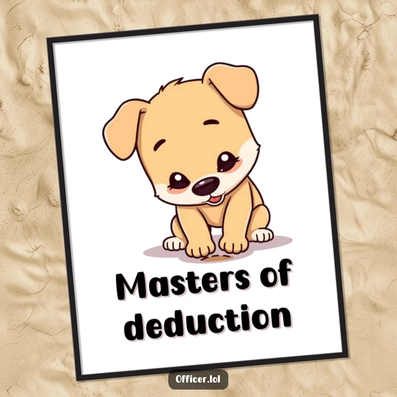 Funny Dog Poster: A charming, happy dog character is depicted with intense focus, inspecting a single, miniature footprint on a flat surface.