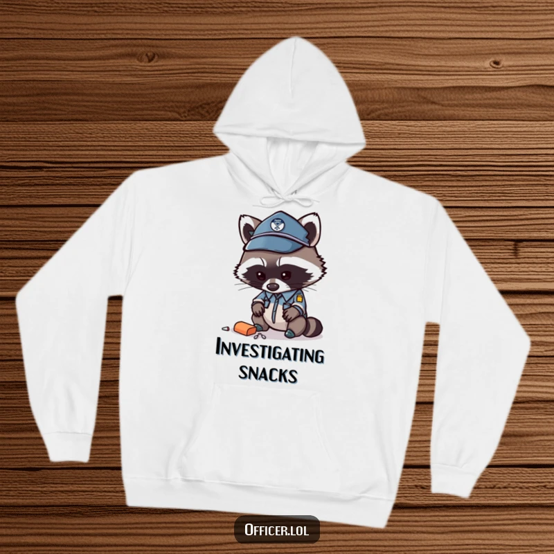 Funny raccoon officer hoodie, cozy design with a curious raccoon examining an item, great for thinkers.