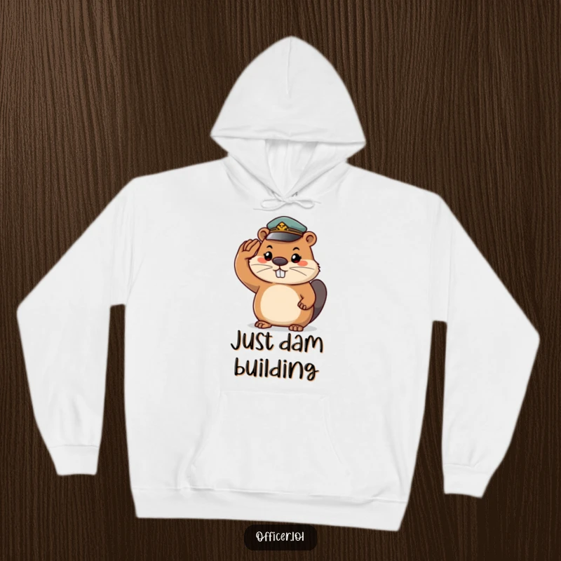 Funny beaver hoodie, a determined beaver wearing a tiny cap and saluting with a broad grin, ideal for outdoor fun.