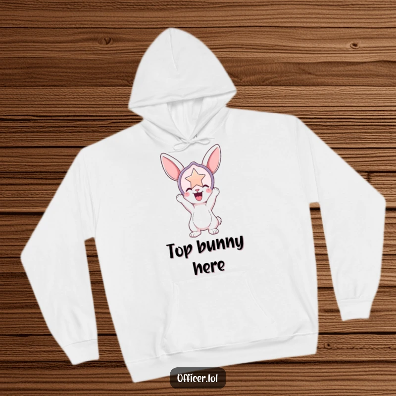 Funny hoodie featuring a playful bunny holding a large, shiny badge aloft, radiating pride and comfortable, heroic vibes.