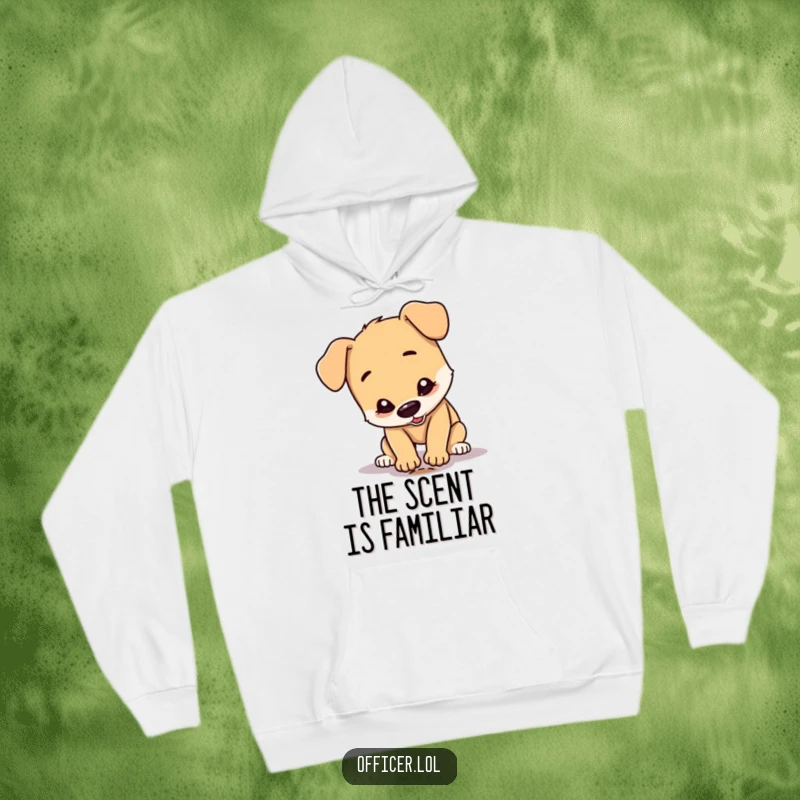 Funny Dog Hoodie: A cheerful dog character, perhaps with a magnifying glass, intensely investigates a single, small footprint, looking super focused.