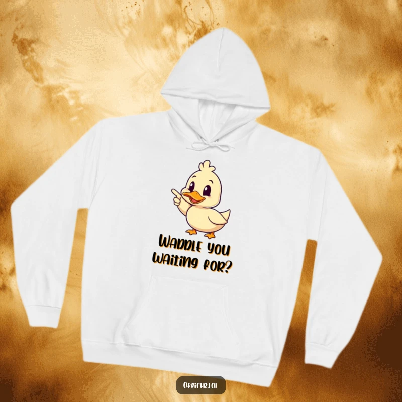 Funny duck hoodie, a happy duck pointing forward with a wink, offering warmth and humorous direction for adventures.