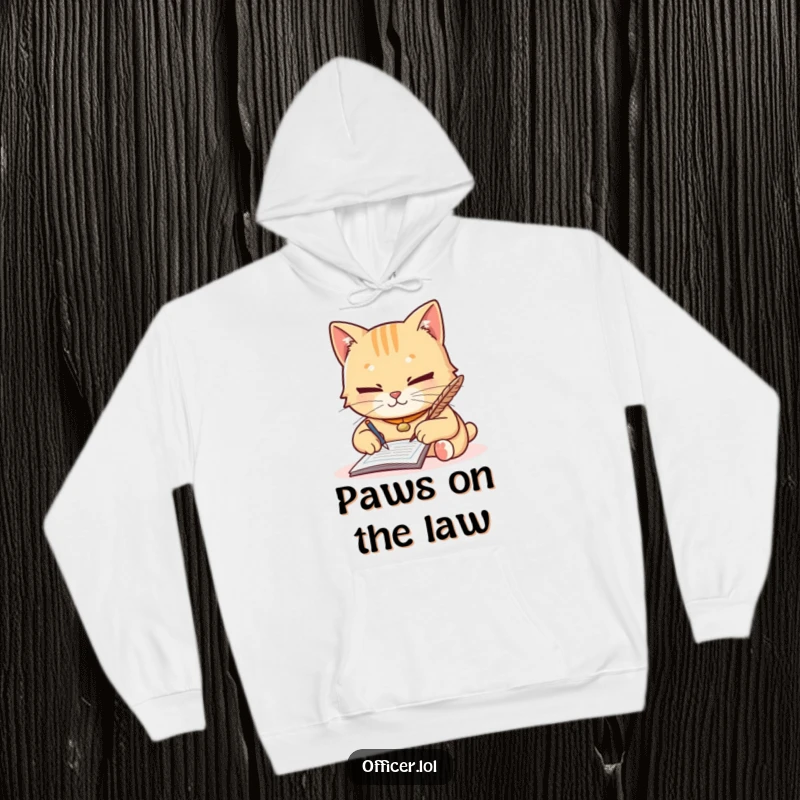 Funny hoodie featuring a diligent cat writing a ticket with a quill, looking focused but friendly, perfect for cozy comfort.