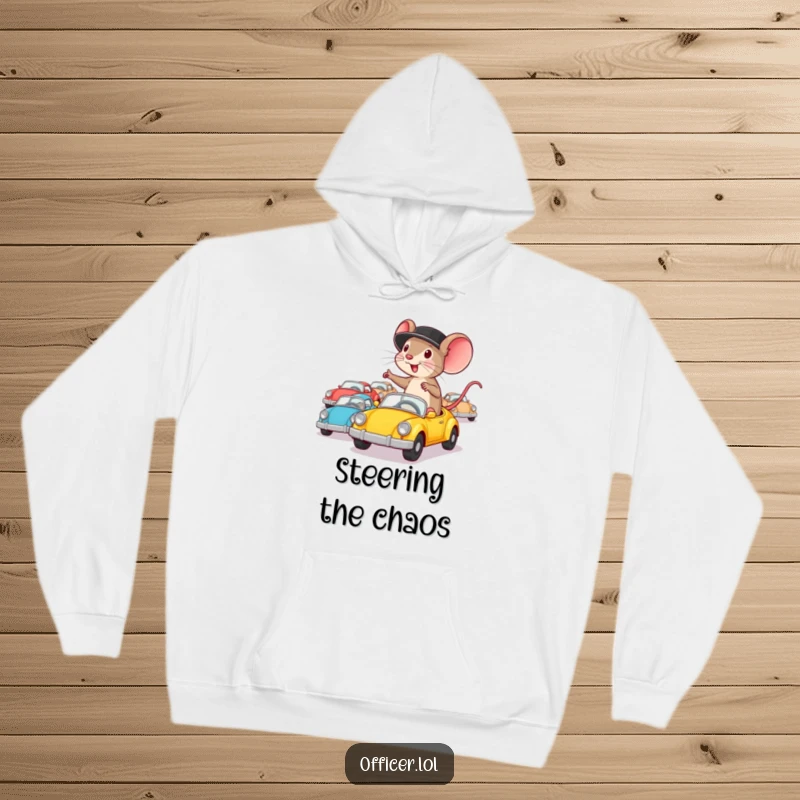 Funny hoodie featuring a determined mouse wearing a hat, enthusiastically directing tiny cars, ideal for cozy focus.