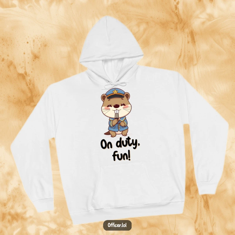 Funny hoodie featuring a playful otter in a small uniform blowing a tiny whistle with a big grin, perfect for cozy days.