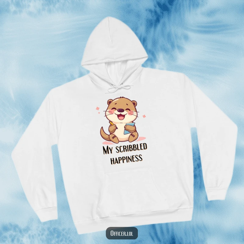 Funny Otter Hoodie: A joyful otter character is depicted enthusiastically writing in a notepad, radiating a sense of happy productivity.