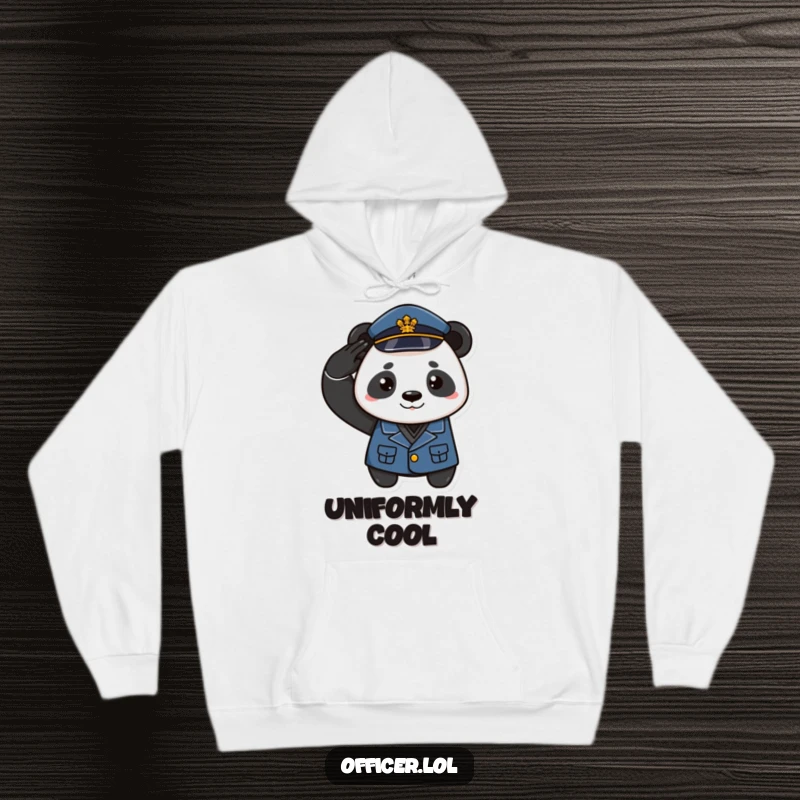 Funny hoodie showcasing a playful panda in uniform saluting with a proud smirk, offering warmth and humor.