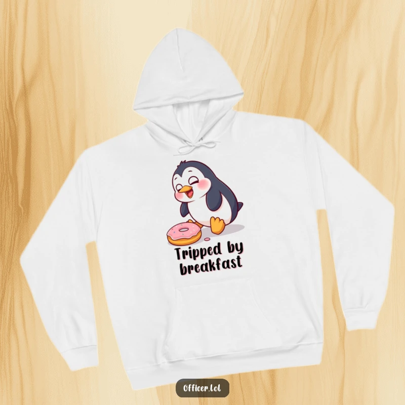 Funny Penguin Hoodie: A goofy penguin character hilariously trips over a donut, creating a scene of delightful, unexpected cartoonish chaos.