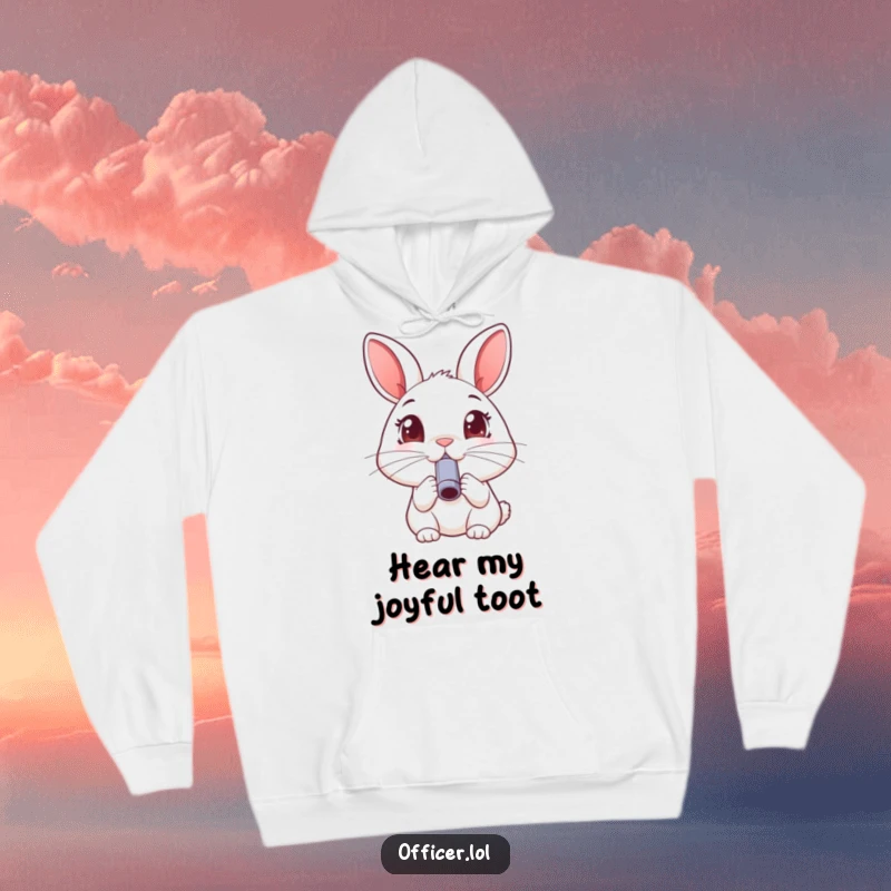 Funny rabbit hoodie, warm sweatshirt featuring a happy rabbit blowing a small whistle, wide joyful eyes.
