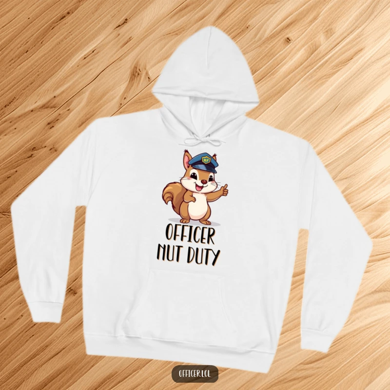 Funny squirrel in a miniature police hat enthusiastically directing traffic, a cozy hoodie for fans of organized humor.