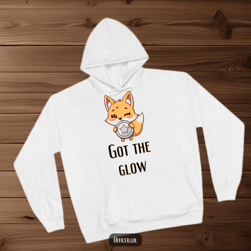 Funny fox award hoodie featuring a giggling cartoon fox holding a large, shiny badge with pride and a wink.