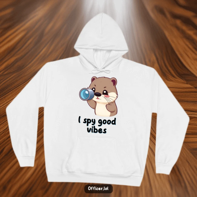 Funny hoodie depicting a cute otter character joyfully peering through a spyglass, designed for cozy adventures.