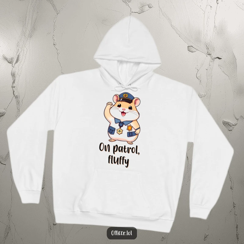 Funny hamster officer hoodie, cozy wear with a happy saluting hamster, great for cold days.