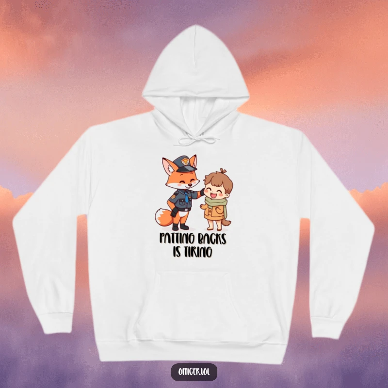 Funny Fox Officer Hoodie featuring a friendly fox in uniform offering a reassuring pat to a small, joyful citizen, promoting warmth and good deeds.