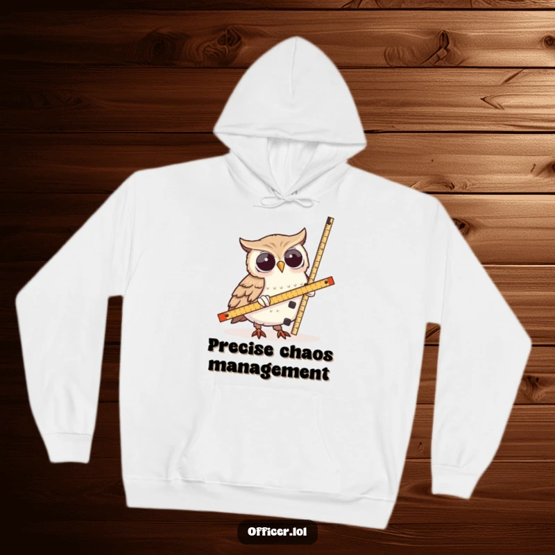 Funny Owl Hoodie: A wise owl character is depicted measuring a decidedly crooked tower with a ruler, embodying thoughtful humor.