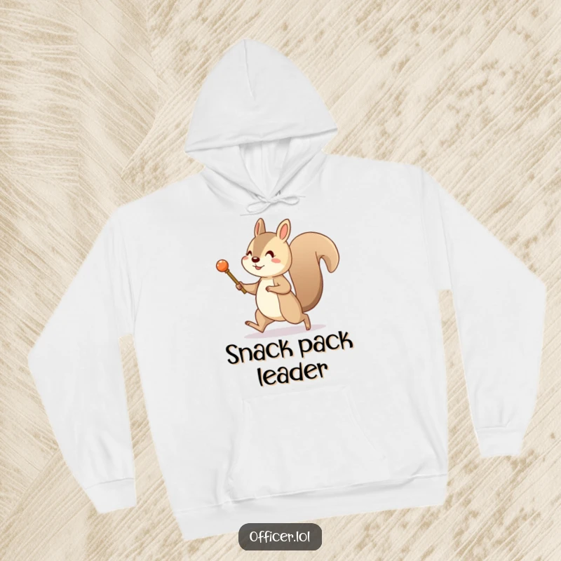 Funny hoodie with a cheerful squirrel marching with a tiny pretend baton. Cozy and humorous attire for parade enthusiasts.