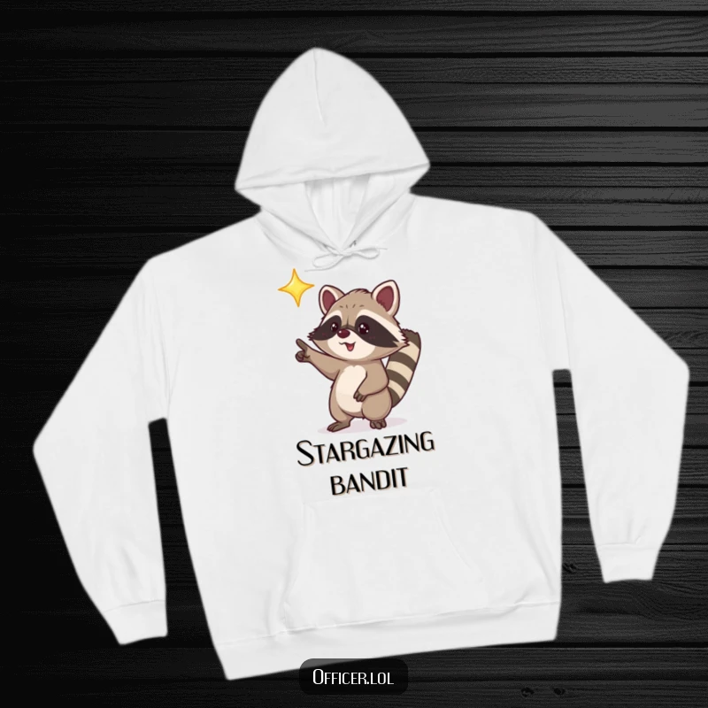 Funny hoodie depicting a playful raccoon character excitedly pointing towards a bright, shining star, designed for cozy dreams.