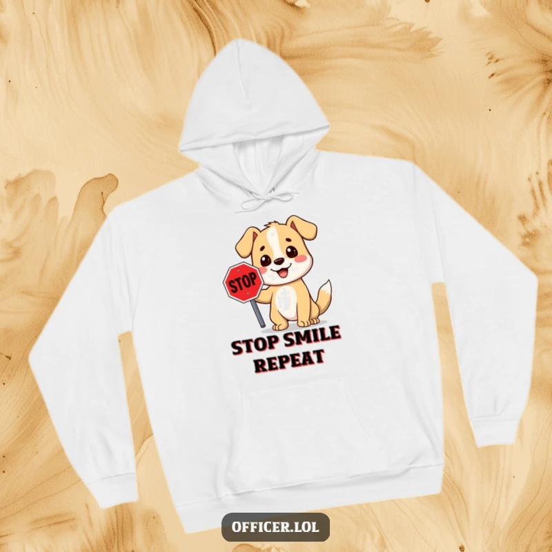 Funny stop sign dog hoodie depicting a cheerful cartoon dog presenting a stop sign with a wide, welcoming grin.