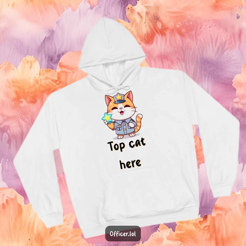 Funny hoodie featuring a happy cat in uniform holding a shiny, glowing badge, perfect for cozy pride.