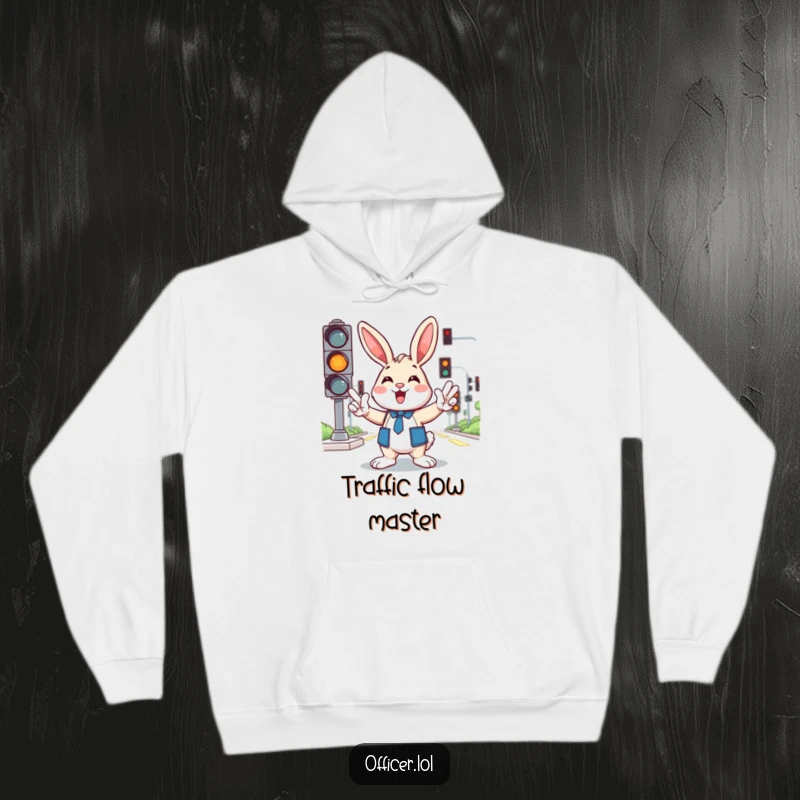 Funny bunny traffic hoodie with a cheerful cartoon rabbit directing traffic with enthusiastic paw gestures and background lights.