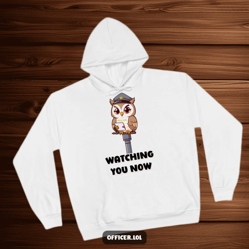 Funny owl officer hoodie, cozy design with a winking owl on a lamppost, great for night owls.