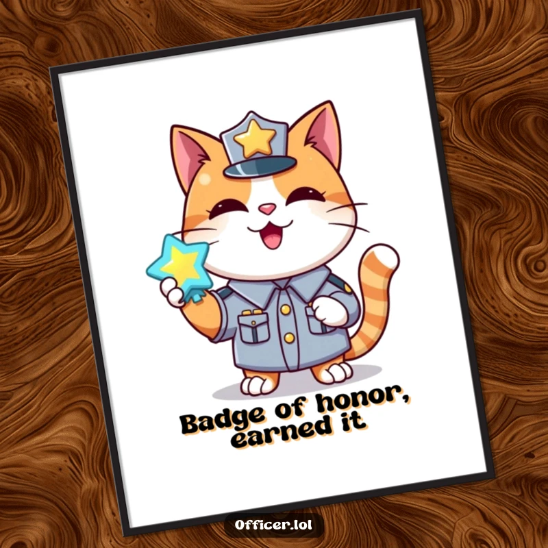 Funny Free Printable Wall Art: A happy cat in uniform proudly holds a shiny, glowing badge, ready to protect and serve.