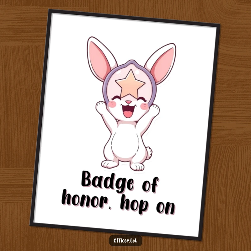 Funny Free Printable Wall Art: A playful bunny holds a large, shiny badge aloft, exuding pride and accomplishment for any room.