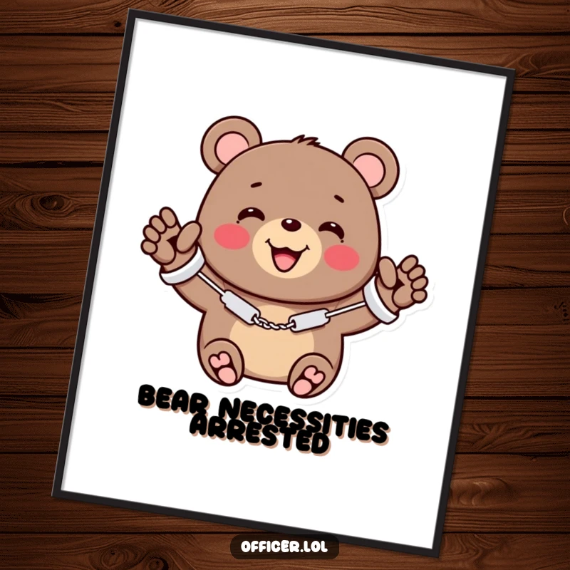 Funny Free Printable Wall Art: Cheerful bear wearing miniature handcuffs waves with a big happy smile, a quirky and amusing piece.