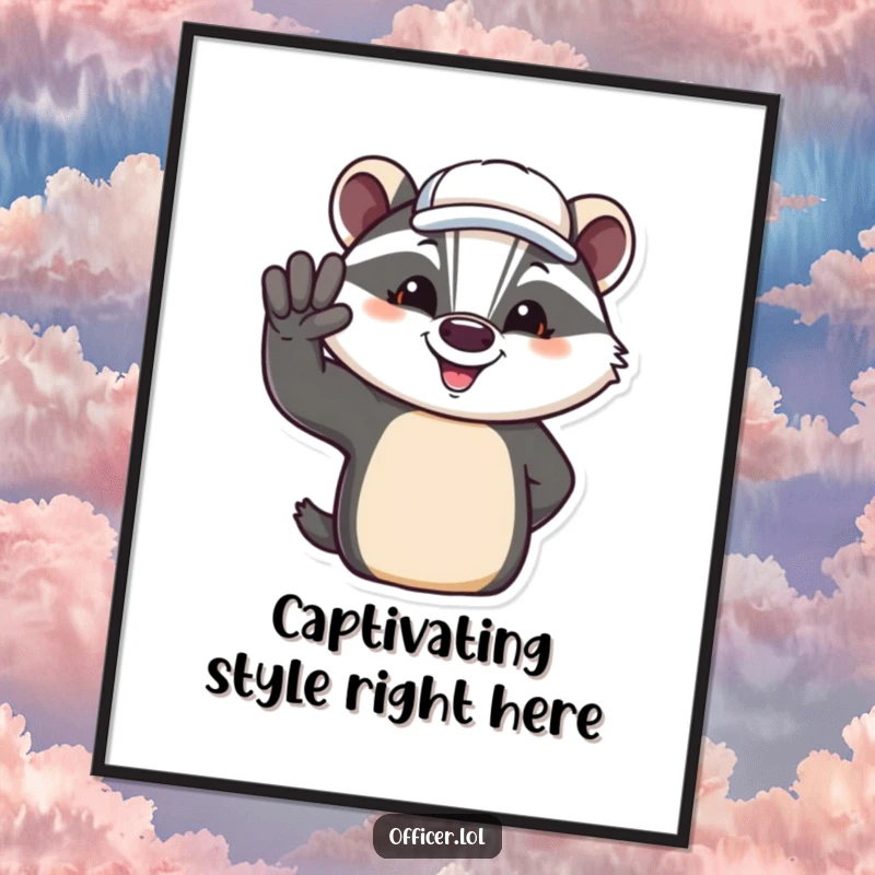 Funny Free Printable Wall Art: Jovial badger in a tilted cap giving a friendly salute, perfect for DIY decor.