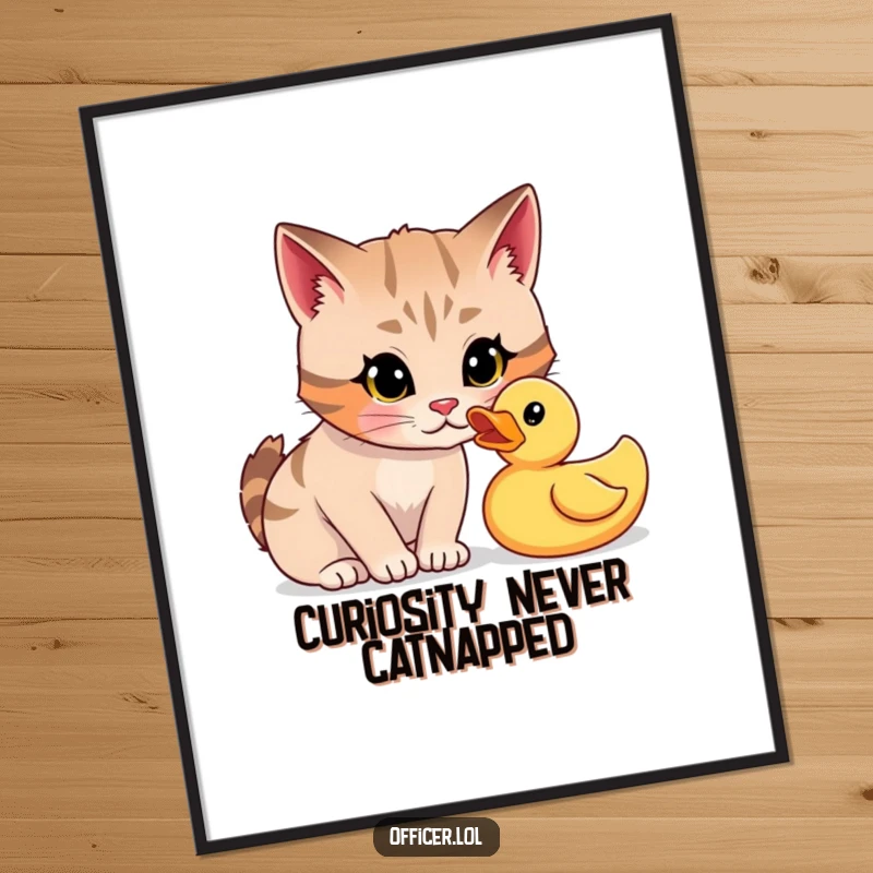 Funny Free Printable Wall Art: A focused cartoon cat curiously stares down a rubber duck in a playful interrogation.