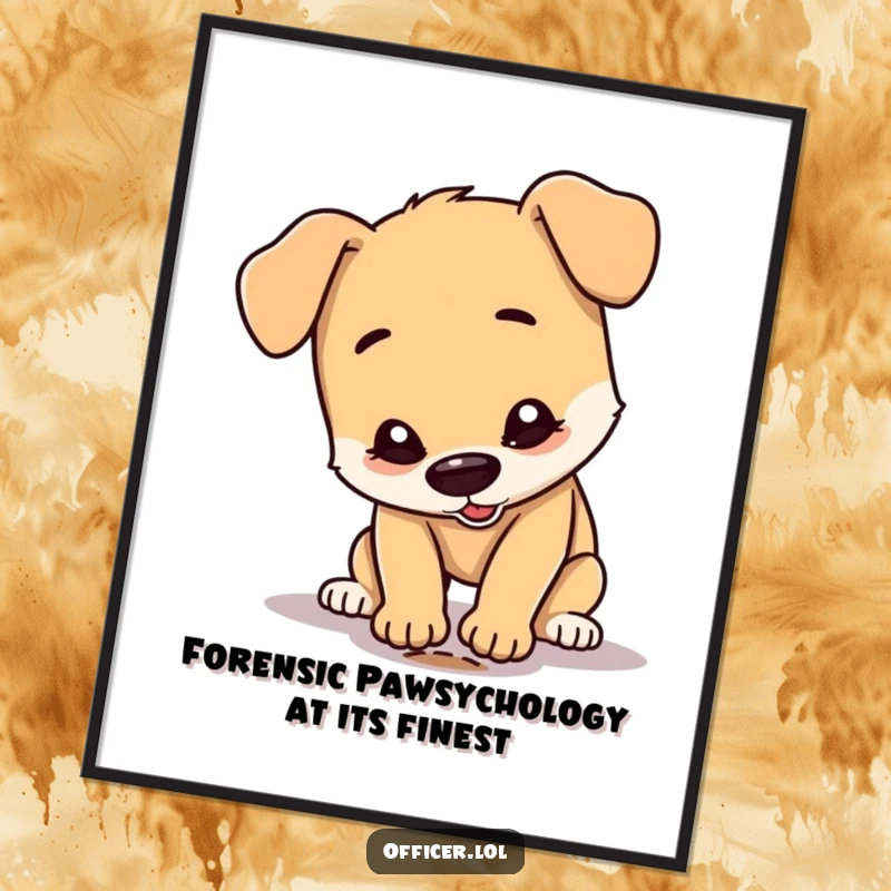 Funny Free Printable Wall Art: A dog humorously inspects a single tiny footprint with extreme concentration, adding quirky decor to any room.