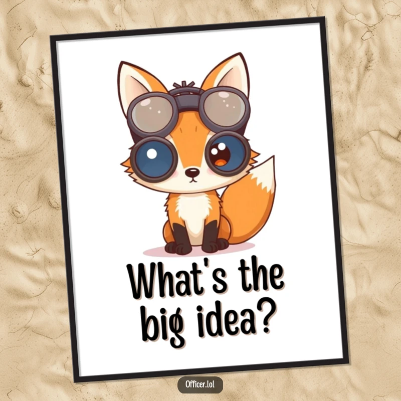 Funny Free Printable Wall Art of a curious fox peering intently through oversized binoculars.