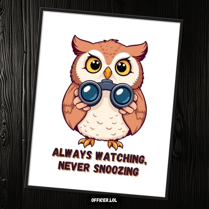 Funny Free Printable Owl Wall Art, curious owl peeking through binoculars, alert expression, quirky home decor, downloadable.
