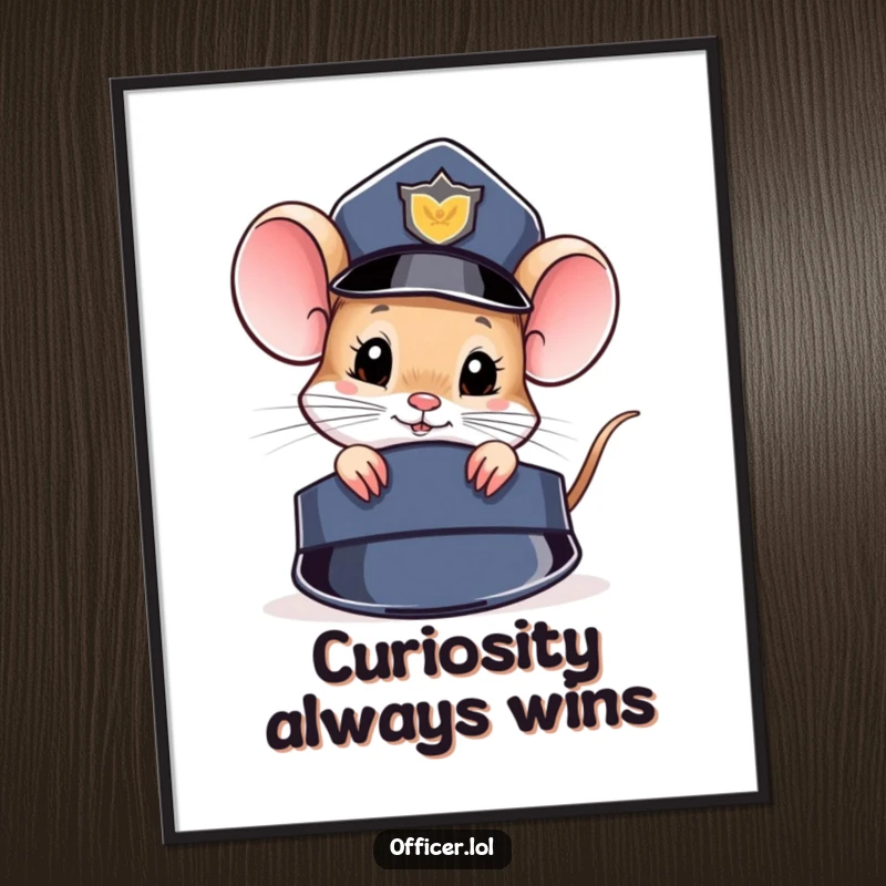 Funny Free Printable Wall Art featuring a curious mouse peeking from behind a police hat, adding a touch of whimsical mystery.