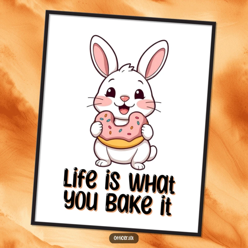 Funny free printable wall art of a rabbit blissfully holding a donut, its eyes closed in pure, sweet, satisfied delight.
