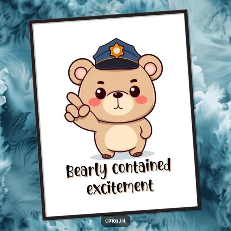 Funny Free Printable Wall Art: A determined cartoon bear in a police hat points forward with a happy, stern expression.