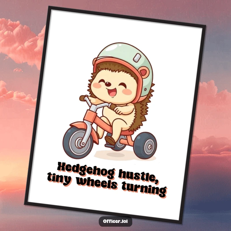 Funny Free Printable Wall Art: Giggling hedgehog in a helmet on a tricycle, spreading cheer and fun.