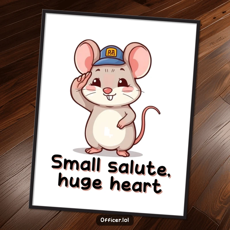 Free Printable Wall Art: Tiny mouse character proudly saluting while wearing a small hat with a smile.