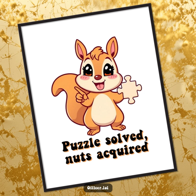 Free Printable Wall Art: Energetic squirrel character with enthusiasm pointing towards a fully solved puzzle.