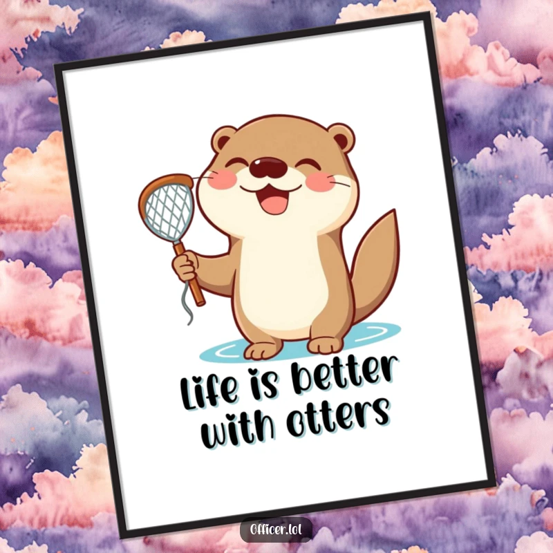 Funny Free Printable Wall Art of a happy otter holding a net with a triumphant expression, perfect for adding a splash of joy.