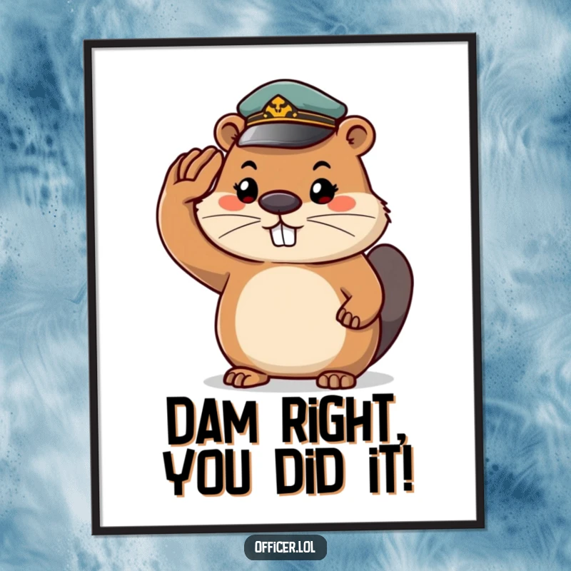 Funny Free Printable Beaver Wall Art: A determined beaver wearing a tiny cap salutes with a big grin.