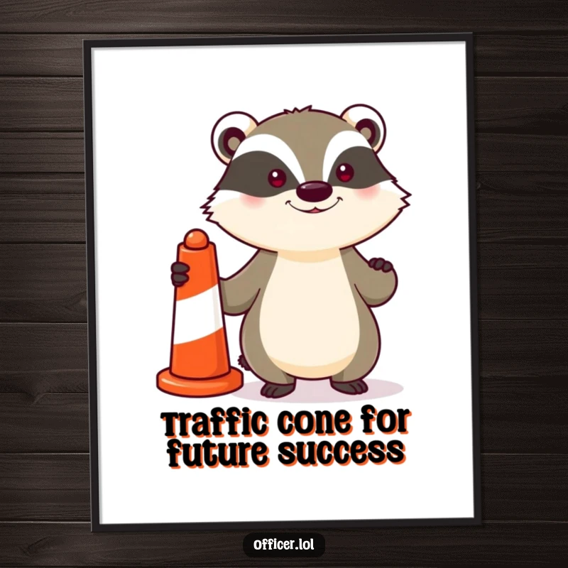 Funny Free Printable Wall Art featuring a determined badger holding a striped traffic cone with a proud, confident stance.