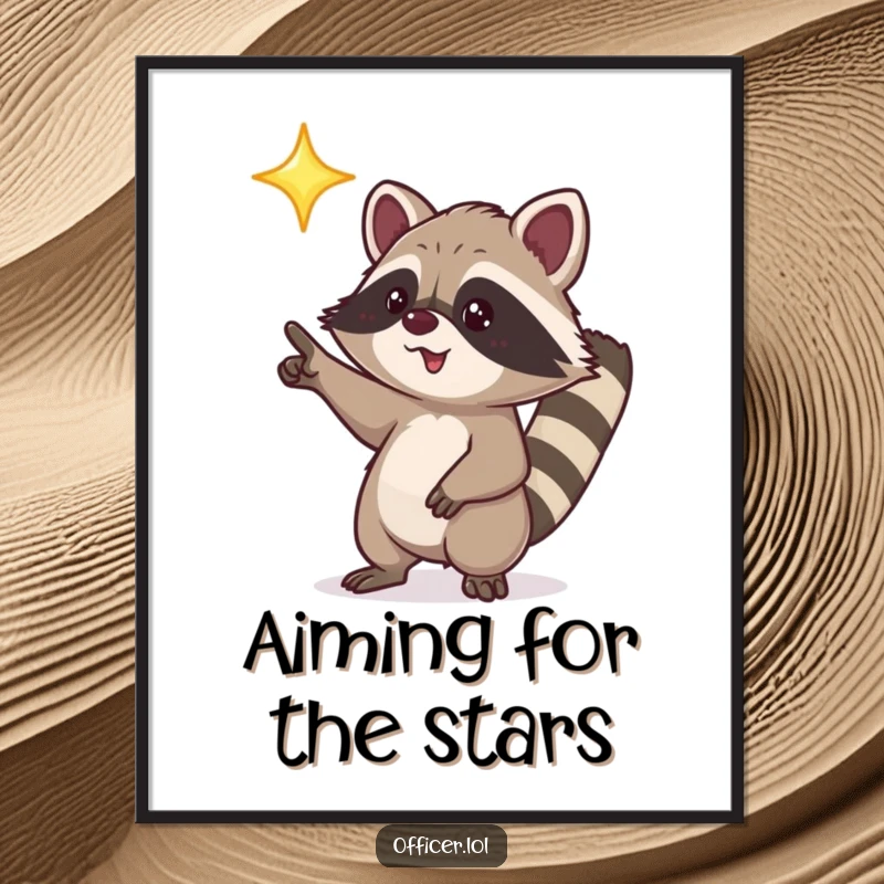 Funny Free Printable Wall Art of a playful raccoon pointing excitedly at a bright, shining star, capturing a moment of wonder.