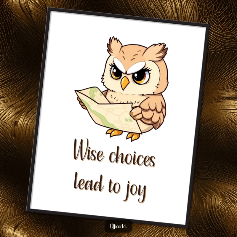 Funny Free Printable Wall Art: An owl intently studies a map with a focused yet cheerful expression.