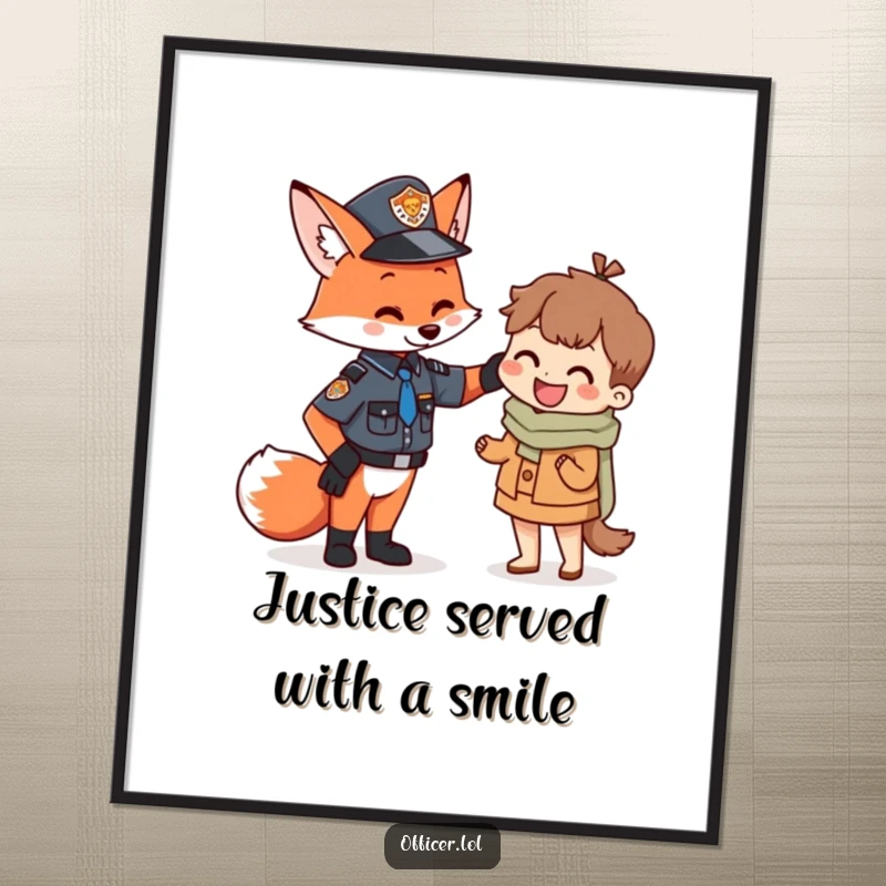 Funny Free Printable Wall Art: Playful fox officer patting a tiny citizen on the back, radiating warmth and humor.