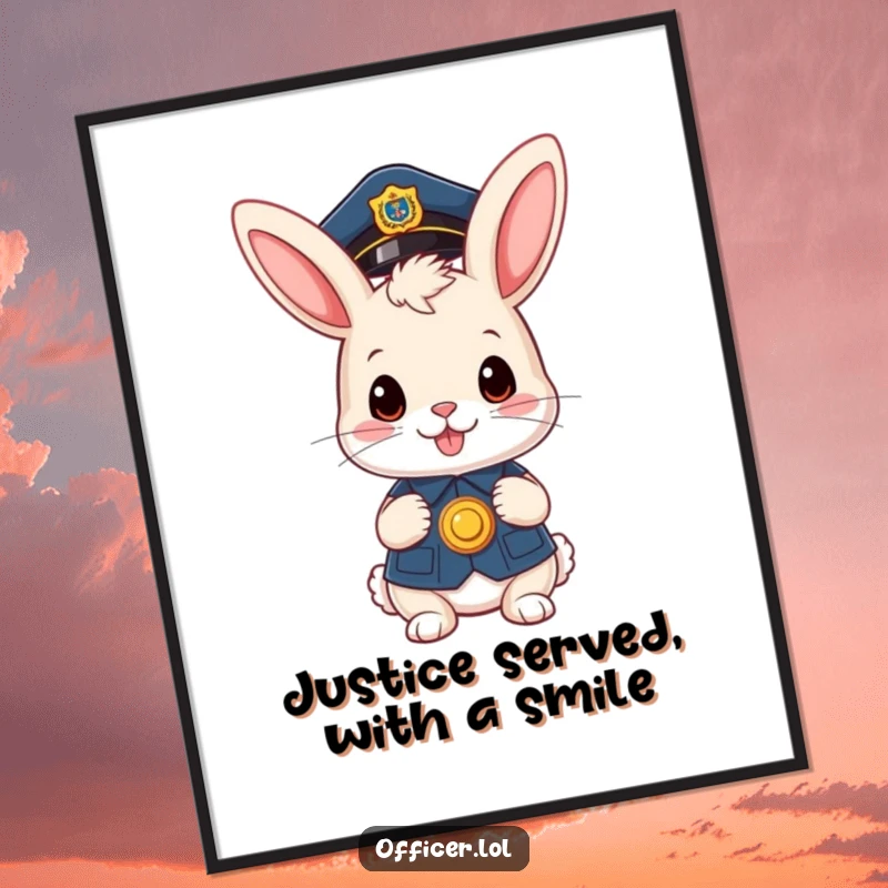 Funny Free Printable Bunny Officer Art: A cute bunny officer sports a tiny cap, proudly holding a badge with a big smile.